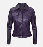 Women Purple Leather Trucker Jacket