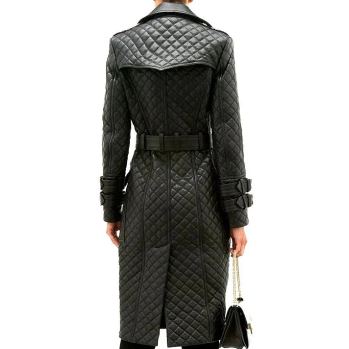 Womens Double Breasted Quilted Leather Trench Coat