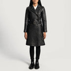 Womens Black Leather Quilted Trench Coat