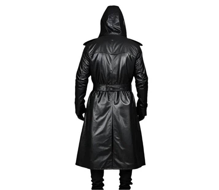 Quivon Hooded Mens Winter Leather Overcoat