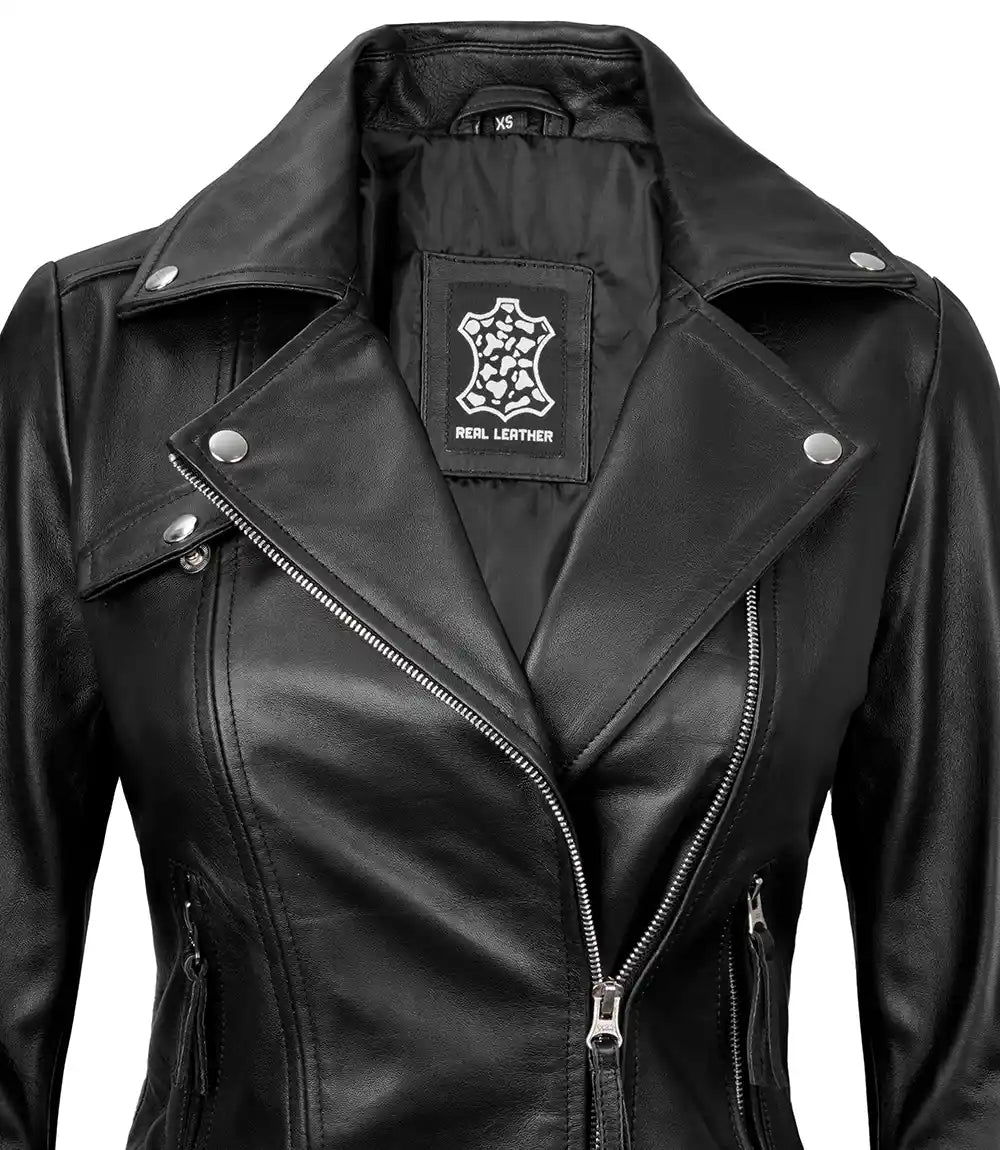 Womens Asymmetrical Real Black Leather Biker Jacket