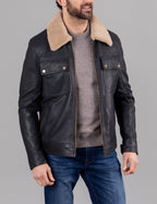 Black Real Leather Shearling Bomber Jacket for Men