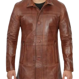 Men's Real Lambskin Brown Leather Cognac Car Coat