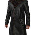 Mens Black Leather Shearling Coat - 3/4 Length