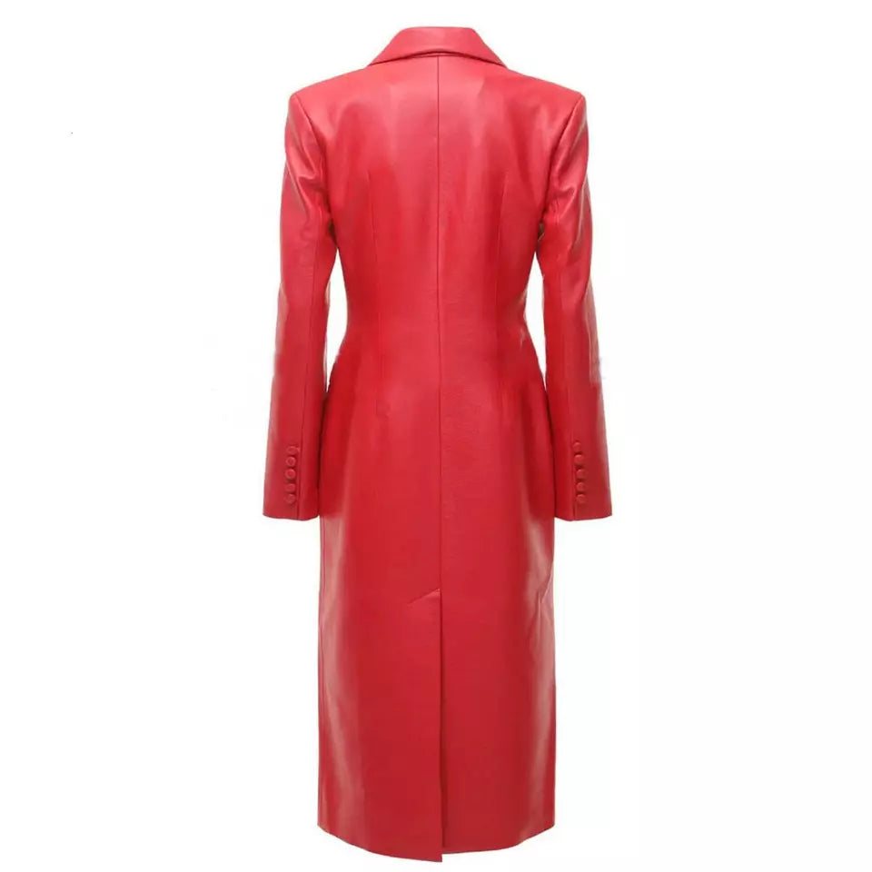Womens Red Leather Button Up Steampunk Trench Coat