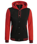 Womens Black And Red Hooded Baseball Varsity Jacket
