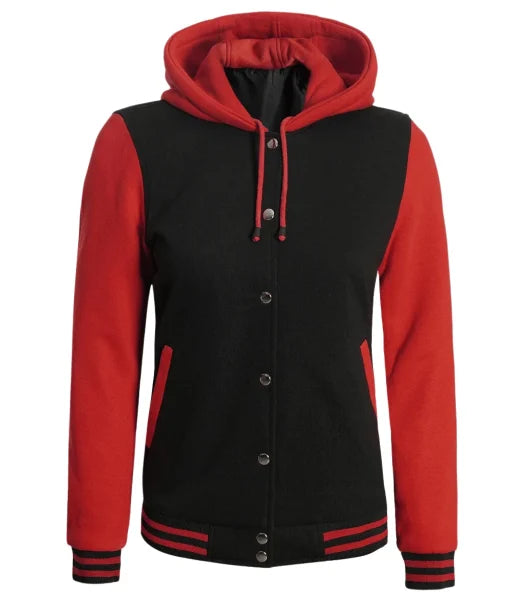 Womens Black And Red Hooded Baseball Varsity Jacket