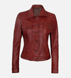 Women Red Leather Trucker Jacket