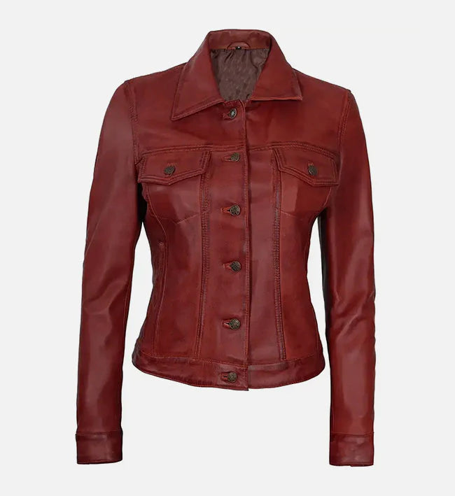 Women Red Leather Trucker Jacket