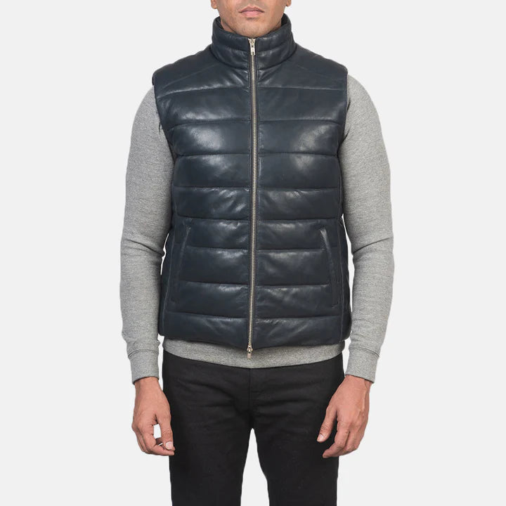 Mens Reeves Blue Leather Puffer Vest