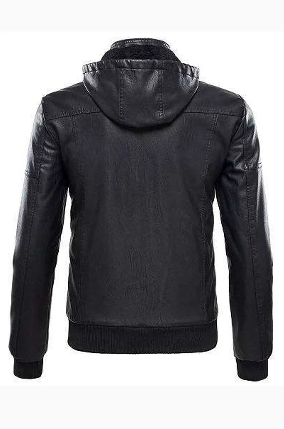 Mens Removable Hood Bomber Leather Jacket