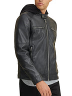 Faux Leather Jacket With Removable Hood