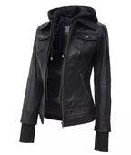 Women Tall Black Leather Jacket With Removable Hood
