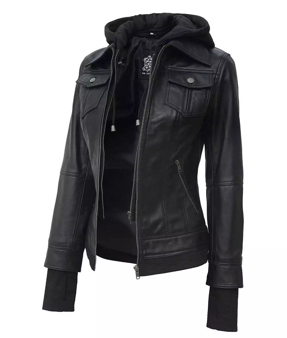 Women Tall Black Leather Jacket With Removable Hood