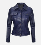 Women Royal Blue Leather Trucker Jacket