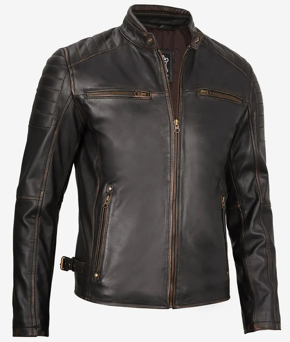 Classic Mens Rub Off Brown Leather Cafe Racer Jacket