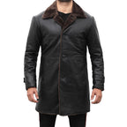 Mens Shearling Lined Black Leather Trench Coat