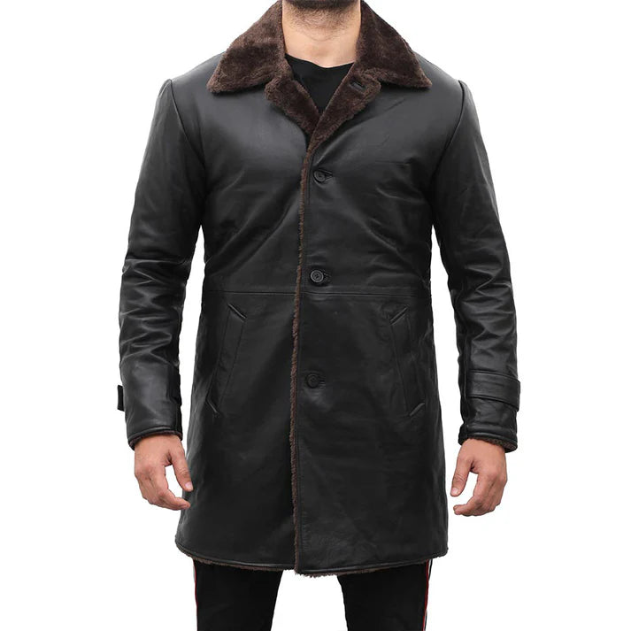 Mens Shearling Lined Black Leather Trench Coat