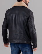 Black Real Leather Shearling Bomber Jacket for Men