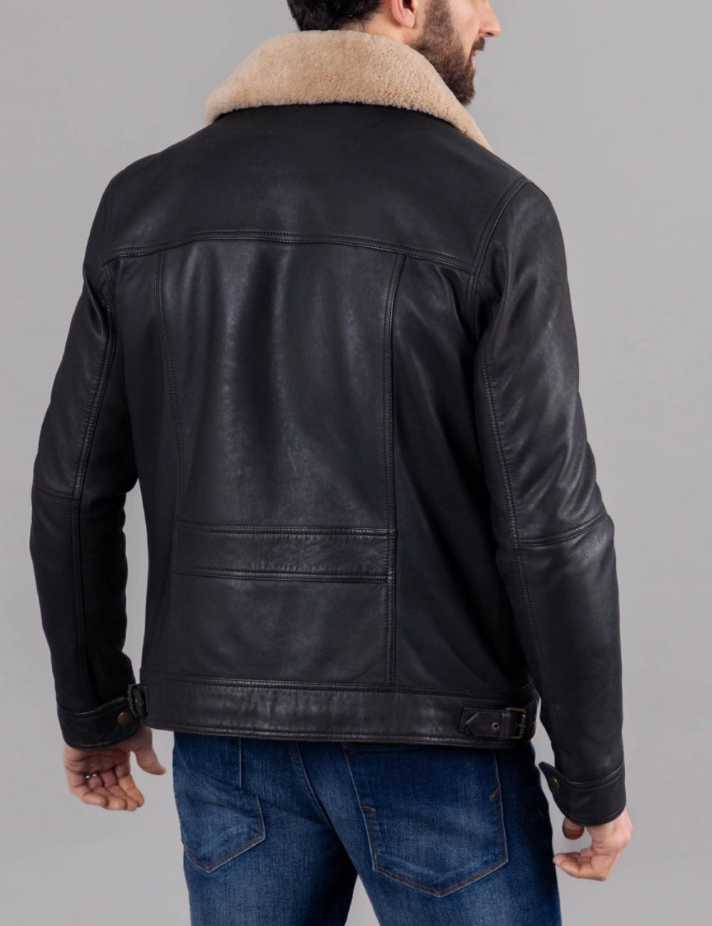 Black Real Leather Shearling Bomber Jacket for Men