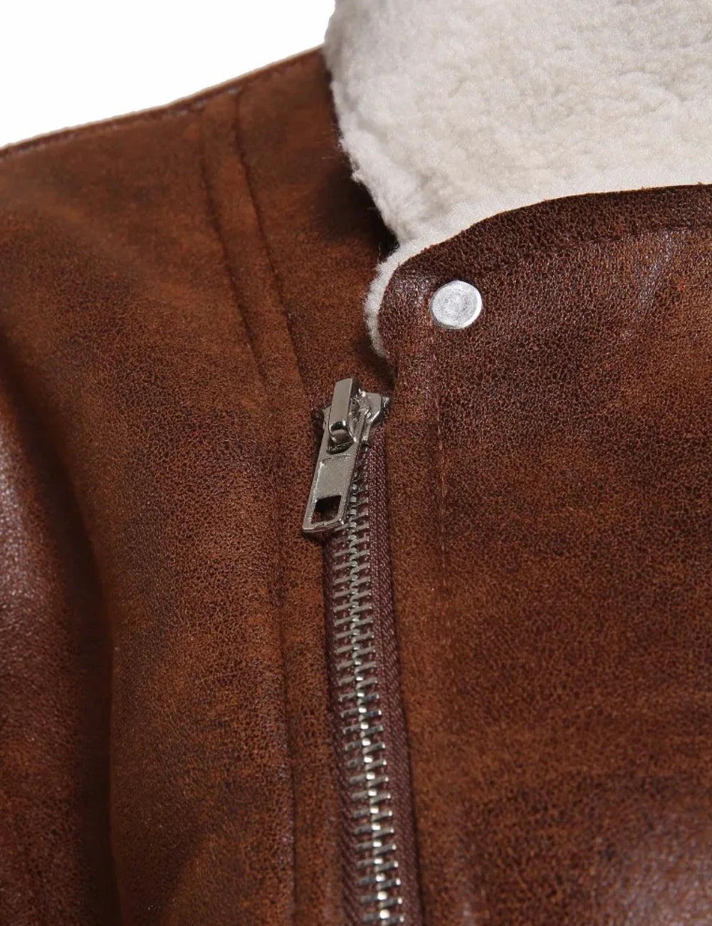 Sheepskin Sherpa Fleece Winter Jacket in Rich Brown Leather