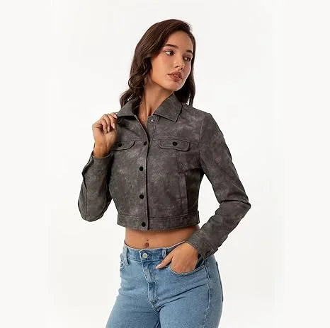 Cropped Leather Bomber Jacket