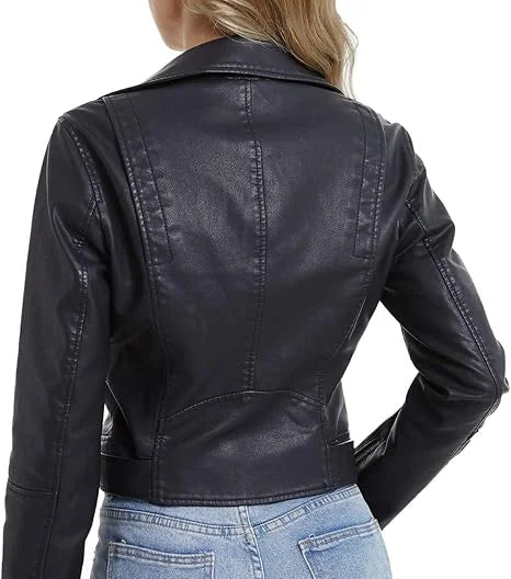 Motorcycle Cropped Leather Jacket For Women