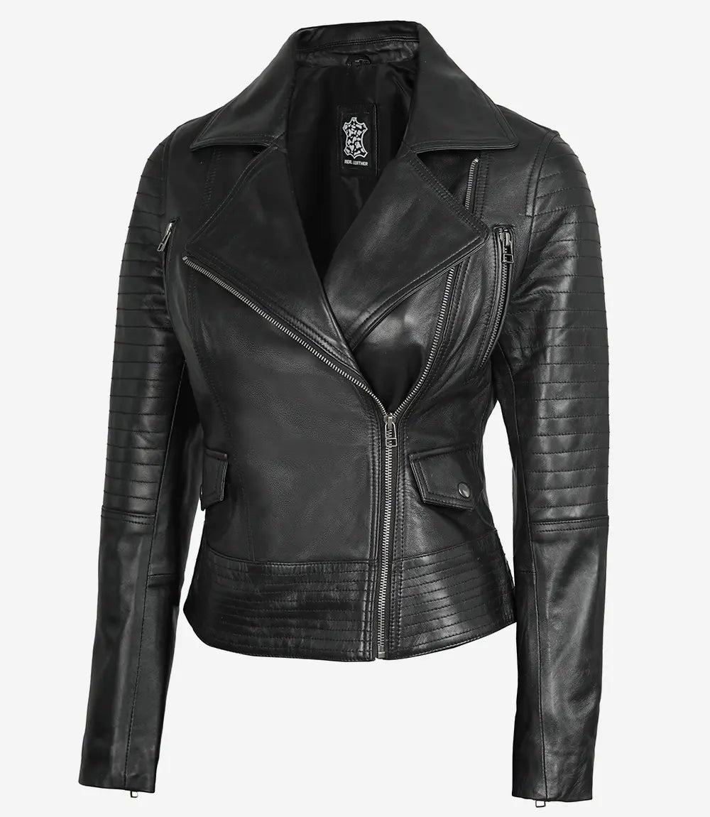 Womens Sleek Black Leather Moto Biker Jacket