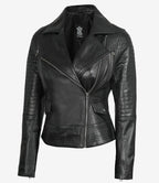 Womens Sleek Black Leather Moto Biker Jacket