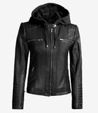 Womens Tall Black Leather Jacket With Removable Hood