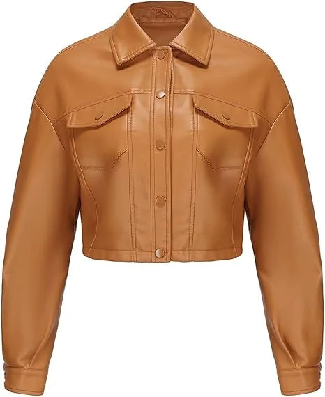 Women Faux Leather Cropped Jacket