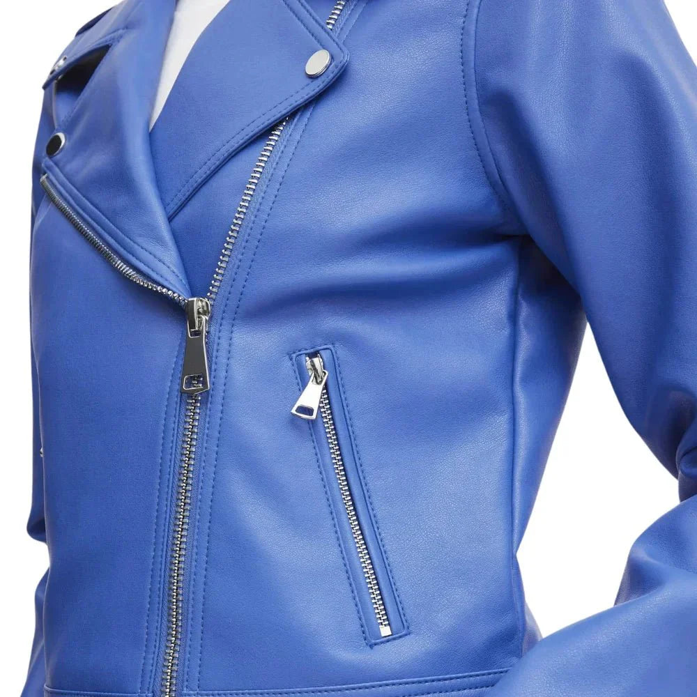 Womens Blue Moto Jacket With Asymmetrical Zipper
