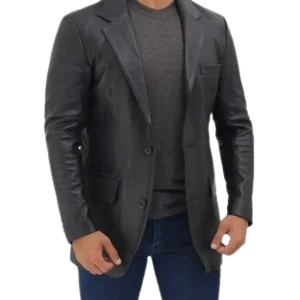 Mens Notch Lapel 2 Buttons Black Lambskin Leather Blazer
