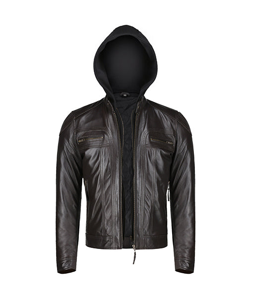 Men’s Slim Fit Brown Leather Jacket With Hood