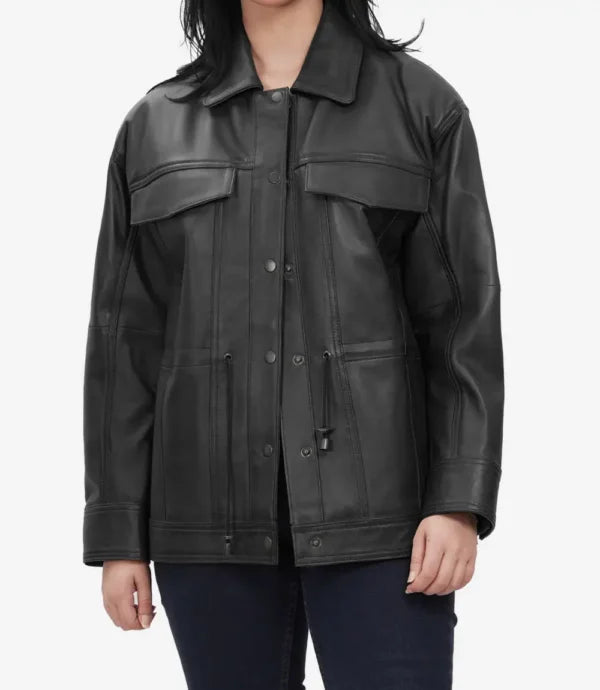 Womens Black Oversized Leather Trucker Jacket