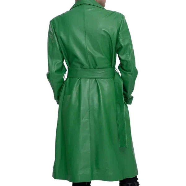 Womens Green Soft Real Leather Trench Coat