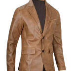 Mens Two Button Camel Brown Leather Blazer
