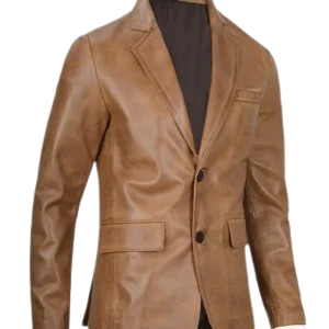 Mens Two Button Camel Brown Leather Blazer