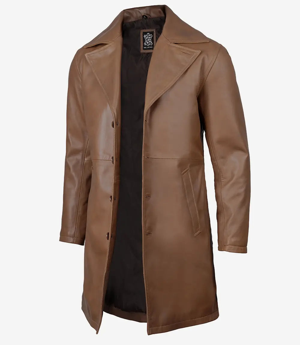 Mens Lambskin Leather Brown Coat - 3/4 Length