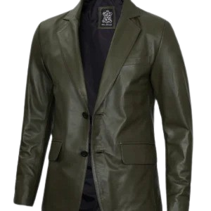 Mens Two Button Olive Green Leather Blazer