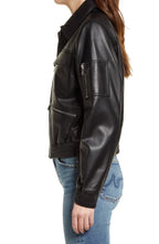 Womens Black Tall Leather Bomber Spread jacket