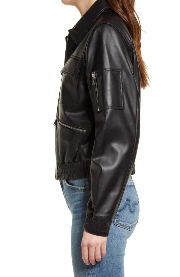 Womens Black Tall Leather Bomber Spread jacket