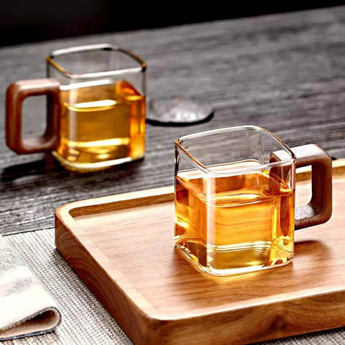Square glass mug with wooden handle