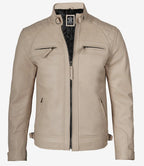 Mens Stylish Beige Cafe Racer Leather Jacket Quilted Design