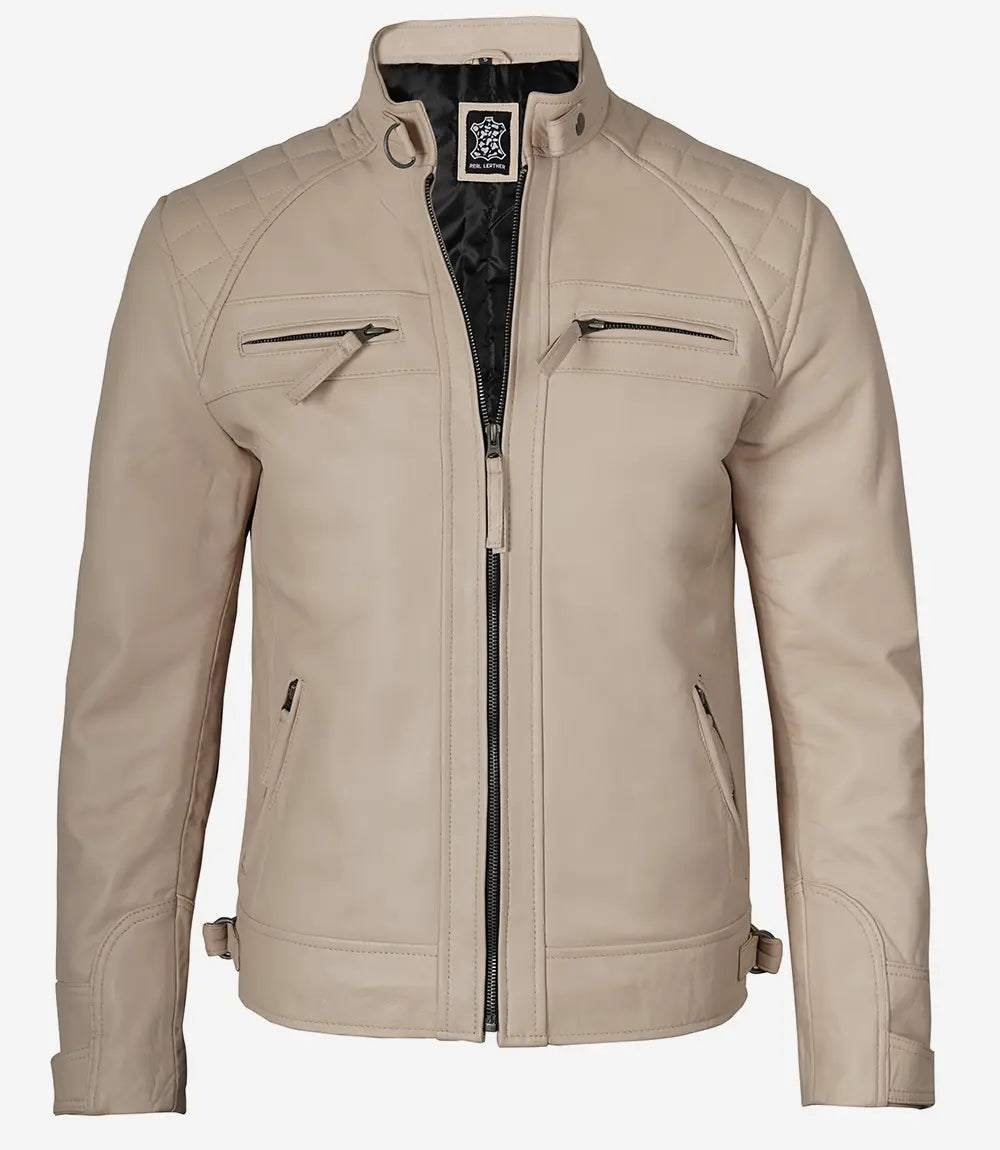 Mens Stylish Beige Cafe Racer Leather Jacket Quilted Design