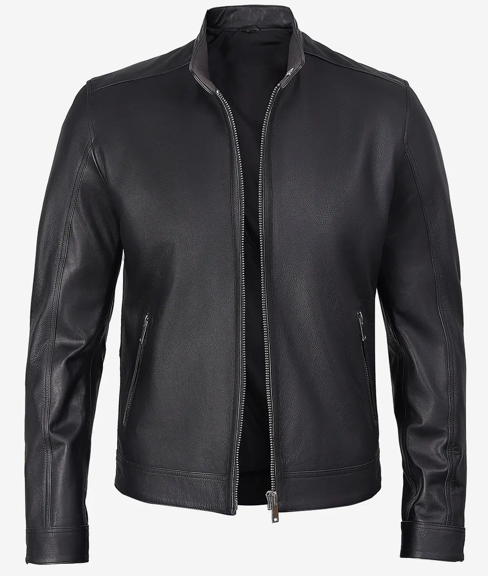 Mens Stylish Black Cafe Racer Leather Jacket