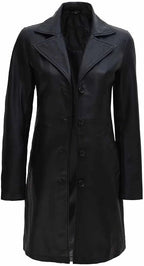 Womens Long Black Leather Trench Coat