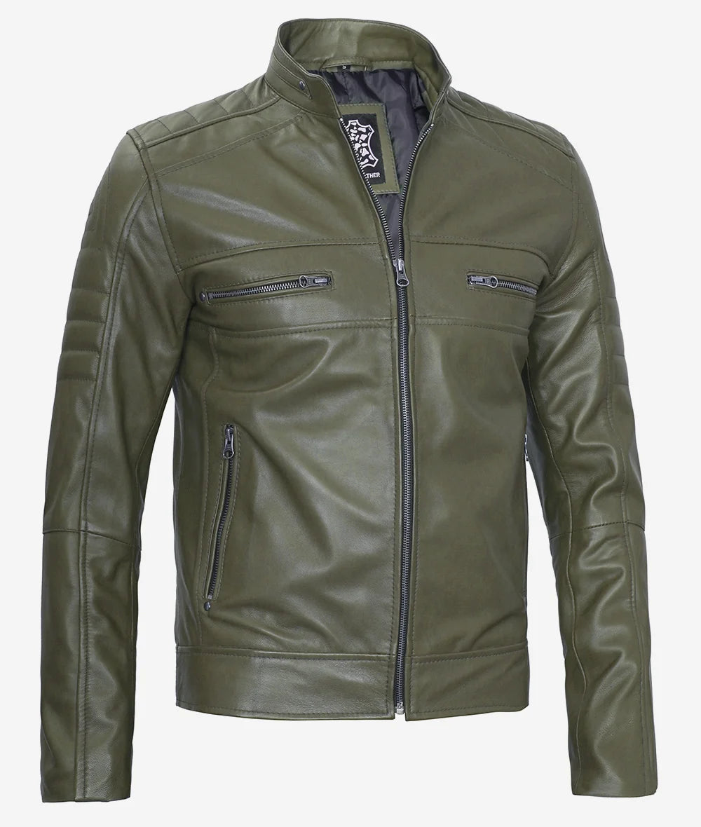 Mens Stylish Olive Green Cafe Racer Jacket