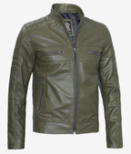 Mens Stylish Olive Green Cafe Racer Jacket