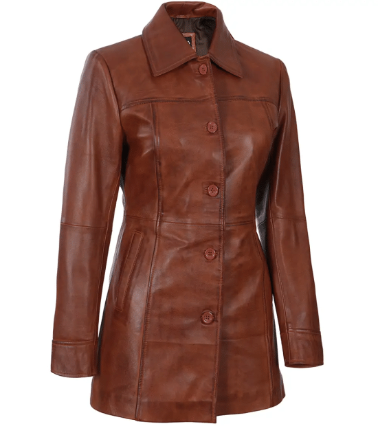 Womens Cognac Brown Leather Car Coat